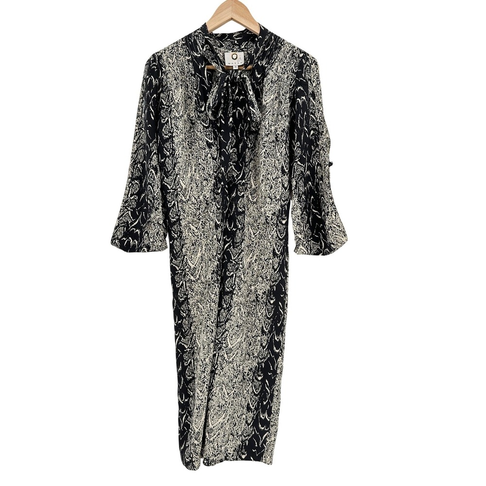Maison Mayle Womens 100% Silk Snake Print Tie Neck Midi Dress Black Cream 4 USA - Picture 2 of 7